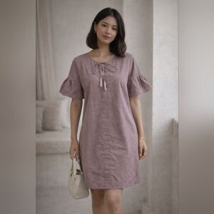 Talori Shift Mauve Off White Pin Stripe Lace Up Tassel Front Flare Dress Size L